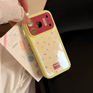 Detailed view of yellow iPhone case with colorful star pattern and Bonne Casa logo