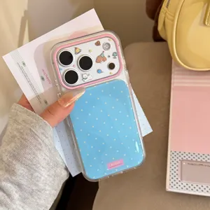 Coque iPhone mignonne à pois bleus avec décorations d'animaux de dessin animé mignon