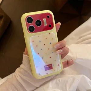 Detailed view of a yellow iPhone case with colorful stars and a red camera island.