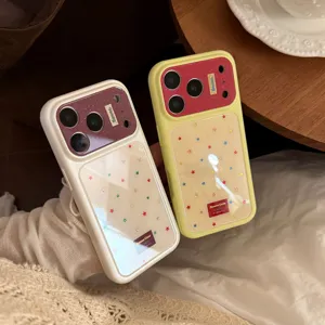 Detail shot of protective iPhone cases with colorful star patterns and Bonne Case logo