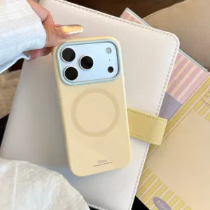 Détail d'une coque magnétique minimaliste jaune crème avec finition mate et logo