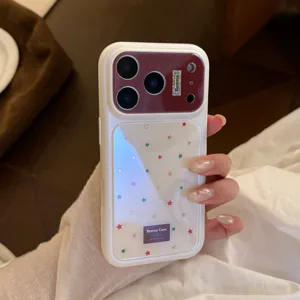 Close-up detail of a white iPhone case featuring colorful star patterns and reddish-brown camera panel
