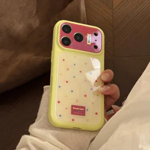 Detail view of a yellow iPhone case with colorful star patterns and Bonne Case logo.