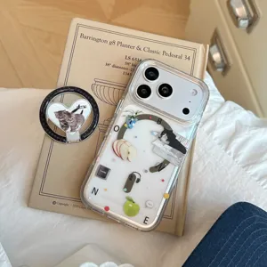 Détail de la coque de téléphone collage chat coréen avec support de bague magnétique cœur