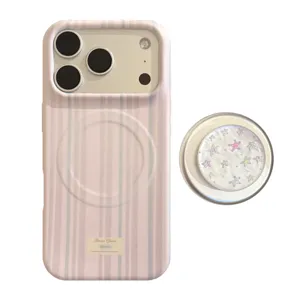 Coque iPhone MagSafe élégante à rayures lavande avec support étoilé en nacre brillant