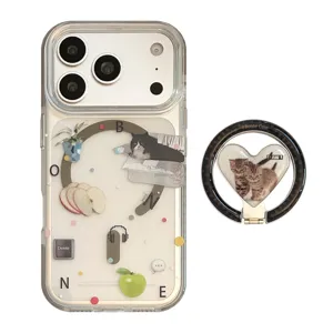 Coque magnétique style collage artistique avec support bague cœur chat pour iPhone