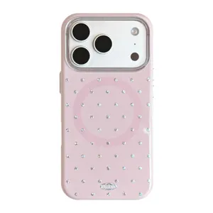 Coque MagSafe rose à strass pour iPhone présentant un design minimaliste à pois argentés