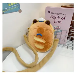 Detailed view of cute capybara plush crossbody bag for kids with soft furry strap