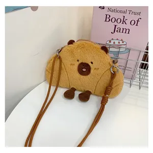 Adorable capybara plush crossbody bag with soft faux fur and embroidered face detail