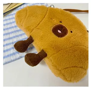 Cute plush capybara crossbody bag for kids with soft faux fur texture and brown strap