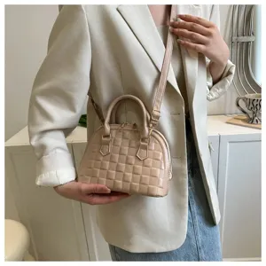 Elegante bolso de mano beige con estampado de cuadros y correa ajustable mujer