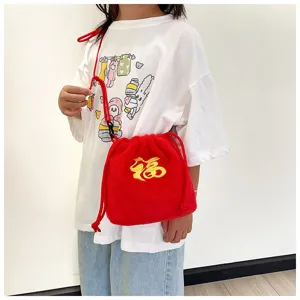 Plush Fortune Bag Girls Drawstring Crossbody Bag Traditional Chinese Embroidered Faux Fur Shoulder Bag Kids Festival Gift