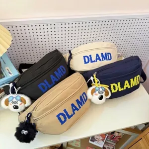 Women Nylon Crossbody Chest Bag Letter Print Casual Sports Waist Bag With Cute Plush Pendant Versatile Ins Style Shoulder Bag