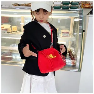 Red plush lucky bag for girls, cute winter crossbody bag with gold embroidery detail