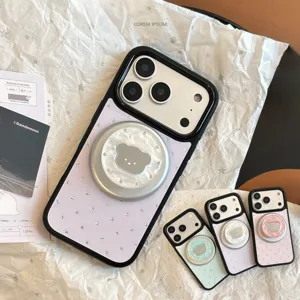 Coque de Téléphone Magnétique Miroir Ours en Nacre Avec Support Motif Étoile Coque Rigide Protectrice Dorée pour iPhone 17 16 15 Pro Max Plus