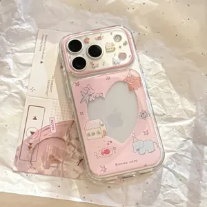 Dreamy pink cute animal party phone case with heart window for iPhone 16 Pro Max series