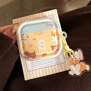 Detailed macro view of the cute dog paradise theme AirPods case with a Corgi charm pendant
