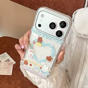 Close-up of a transparent phone case with cute bunny and heart patterns for iPhone models