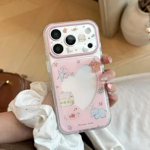 Detailed view of clear iPhone case with pink animal party prints and heart card slot