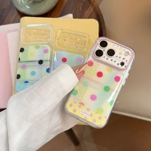 Dopamine-style iPhone case with colorful polka dots, glitter stars, and collage design details