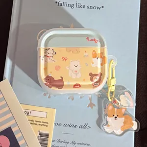 Close-up of cute cartoon dog themed AirPods case with a corgi charm accessory
