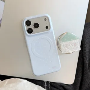 Macro view of light blue polka dot iPhone case with a cute house-shaped bow grip accessory
