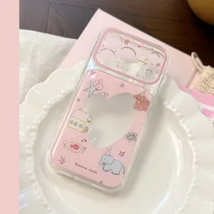 Detail view of cute cartoon animal clear iPhone case with pink heart cutout pattern