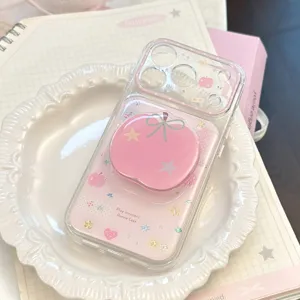 Close-up of pink apple phone case with cute epoxy grip on a white plate