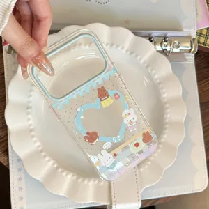 Detail view of a clear iPhone case featuring cute rabbit illustrations and a heart frame
