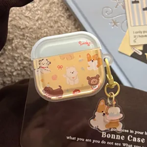 Detailed view of cute dog cartoon earphone case with acrylic corgi keychain charm