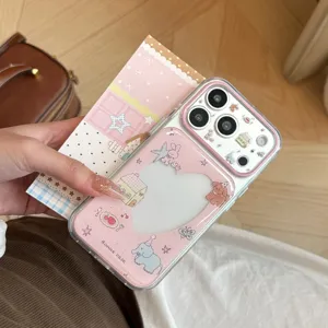 Close-up detail of a pink cartoon animal party iPhone case featuring a clear heart window