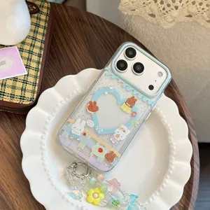 Cute rabbit pattern clear phone case with colorful flower bead wrist strap charm