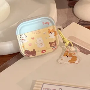 Detailed view of cute dog illustrated earphone case with a matching corgi keychain charm
