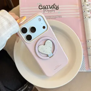 Coque iPhone magnétique rose avec support de bague en forme de cœur à paillettes