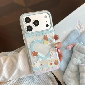 Cute rabbit iPhone case with heart frame design and soft blue pastel color aesthetic