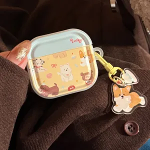 Close-up of cute dog-themed protective case for AirPods with Corgi keychain accessory