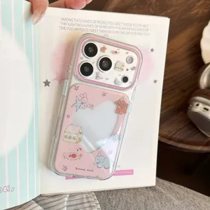 Close-up of pink cute cartoon iPhone case with heart window