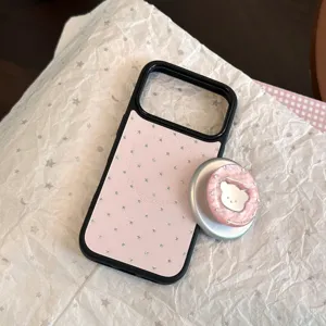 Coque rose à motif d'étoiles avec support magnétique et miroir ours en nacre