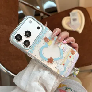 Cute bunny clear phone case featuring a heart frame and pastel cartoon illustrations