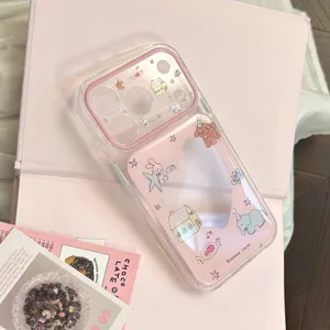 Close-up of pink animal party cartoon iPhone case with cute elephant and rabbit prints