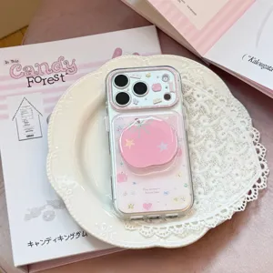 Cute Korean style pink apple clear phone case with integrated round griptok stand