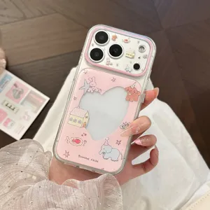 Close-up of cute pink cartoon animal clear phone case with heart cut-out