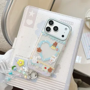 Detailed view of the cute rabbit iPhone case with a colorful beaded heart charm strap