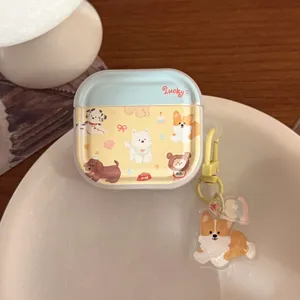 Close-up of cute cartoon puppy earphone case cover with acrylic Corgi charm hangtag