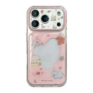 Cute cartoon animal party iPhone case with pink heart cutout and glitter epoxy finish