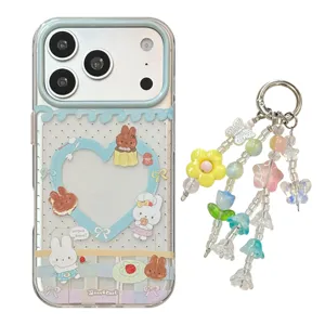 Cute cartoon bunny transparent iPhone case with colorful floral beaded charm for summer
