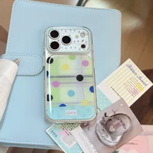 Close-up of dopamine style colorful polka dot glitter transparent case for iPhone