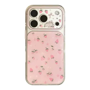Niedliche rosa Erdbeere Handyhülle mit Katzen Illustration für iPhone Modelle passend