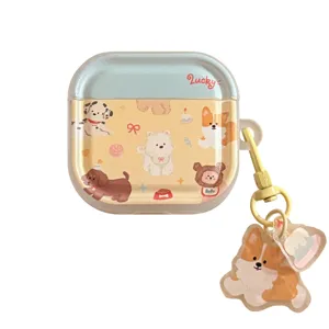Cute cartoon dog pattern protective case for AirPods with a corgi keychain charm
