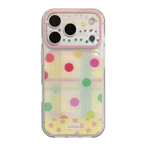 Transparent iPhone case with colorful dopamine-style polka dots and glittery star design
